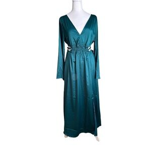 Justify Green Teal Long Sleeve Slit V-neck Maxi Dress Size M